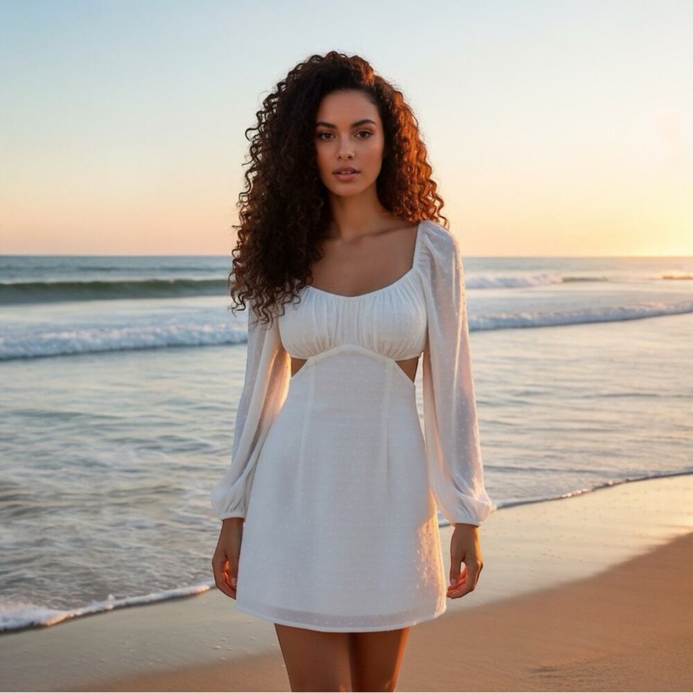 NWT Revolve Rumer Delilah Long Sleeve Beach Mini Dress Clip Dot White Small